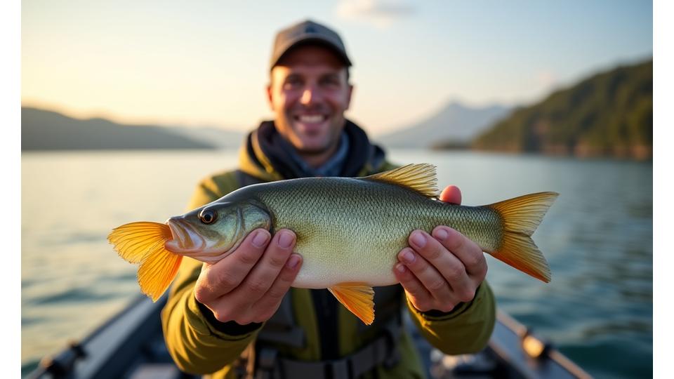 Kunde hält stolz einen grossen Egli in der Hand.