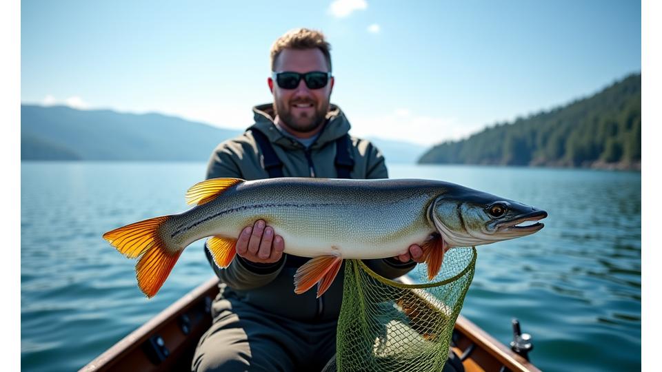 Angler mit kapitalem Hecht auf dem Zürichsee.