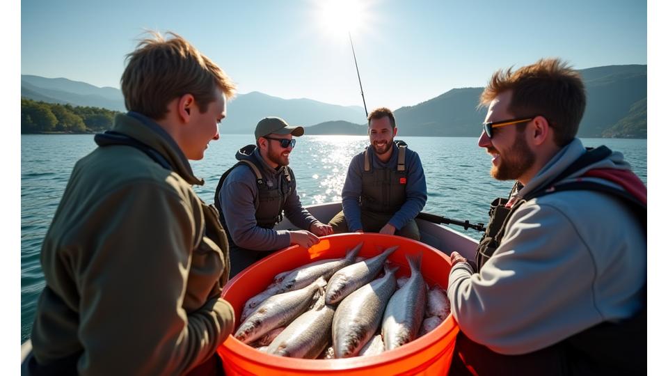 Gruppe von Anglern mit Felchen auf dem Boot.