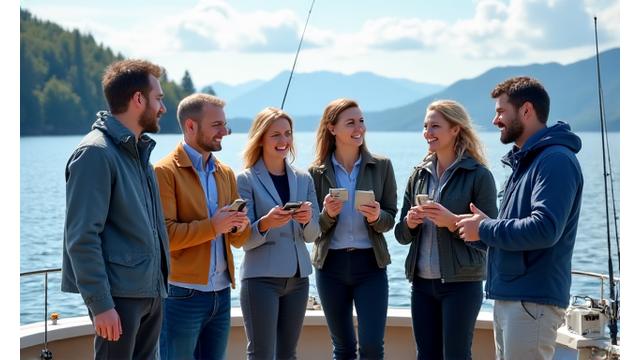 Lachende Gruppe bei einem Angel-Teamevent.