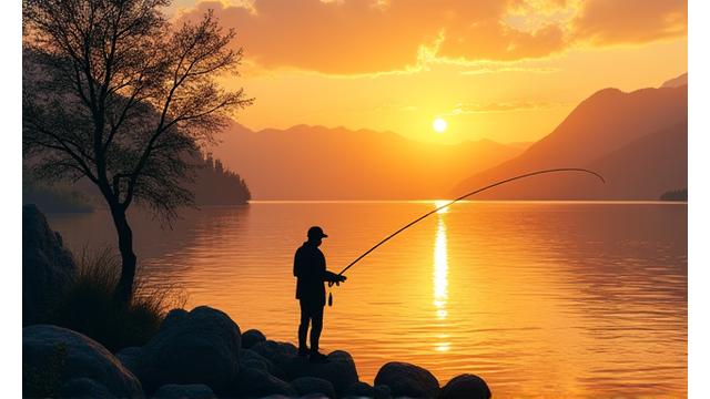 Angler am Ufer des Zürichsees bei Sonnenuntergang.