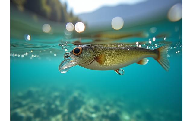 Eine Makroaufnahme eines realistischen Kunstköders, der knapp unter der Wasseroberfläche eines extrem klaren Sees schwebt, mit sichtbaren Unterwassersteinen und Pflanzen, die die Klarheit des Wassers betonen.