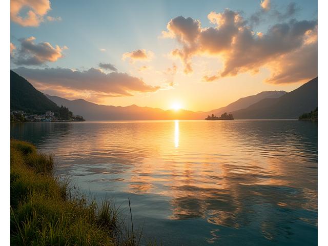Ein malerischer Sonnenuntergang über dem Zürichsee, reflektiert im ruhigen Wasser, mit einer Angel im Vordergrund am Ufer.
