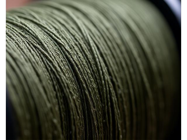 Ein Makro-Detail einer engen, 8-fach geflochtenen Angelschnur, die auf einer Rolle liegt und ihre feine Textur und Dichte zeigt.