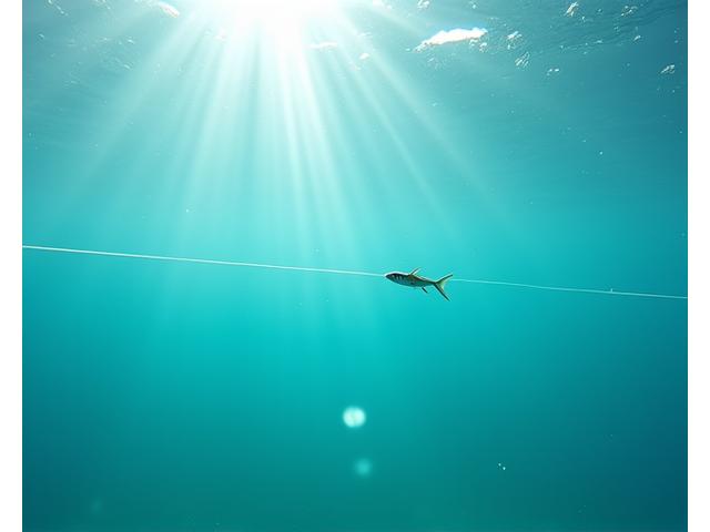 Ein Unterwasserbild, das eine transparente Fluorocarbon-Vorfachlinie zeigt, die fast unsichtbar im klaren blauen Wasser verschwindet, verglichen mit einer leicht sichtbaren Monofil-Linie daneben.