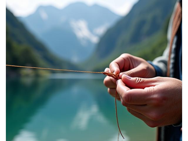 Nahaufnahme einer Hand, die geschickt einen Angelknoten an einer Angelschnur bindet, mit einem verschwommenen alpinen See im Hintergrund.