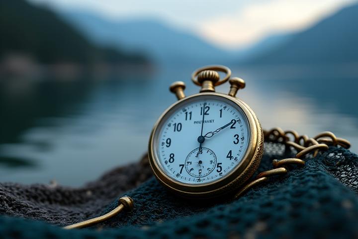 Uhr mit schnellen Zeigern und angedeuteter Angelschnur