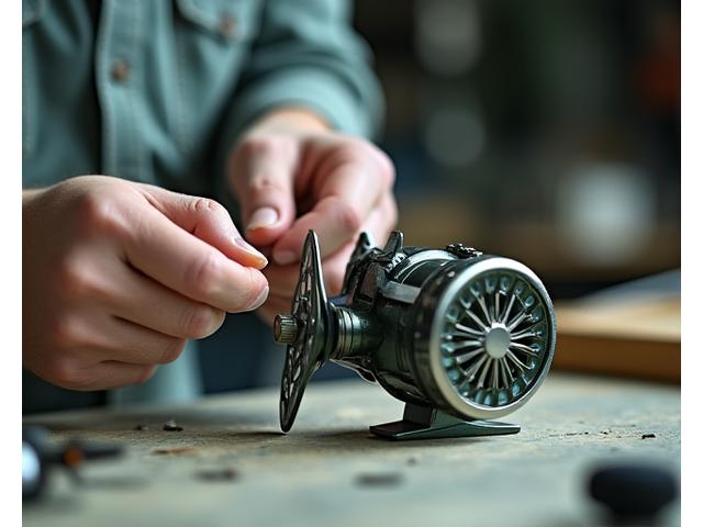 Professioneller Angelgeräte-Service, Hände, die eine Angelrolle reparieren