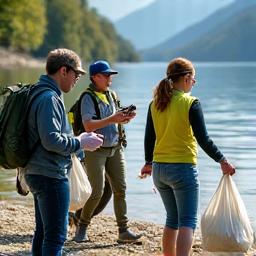 Freiwillige bei einer Gewässer-Reinigungsaktion